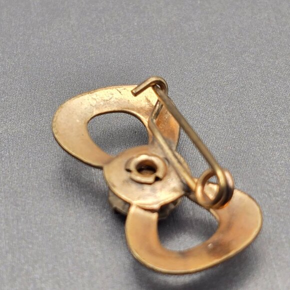 VTG Art Deco Bow Brooch 1" Gold Tone Clear Prong Set Rhinestone Center - Picture 6 of 7